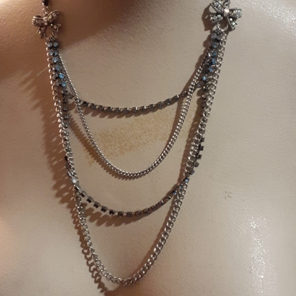 Betsey Johnson Aquamarine & Bow 3-tier Necklace